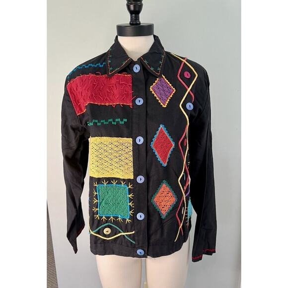 new directions Jackets & Blazers - Vintage 90s Abstract Geometric SM Embroidered Jacket Black Colorblock Folk Art